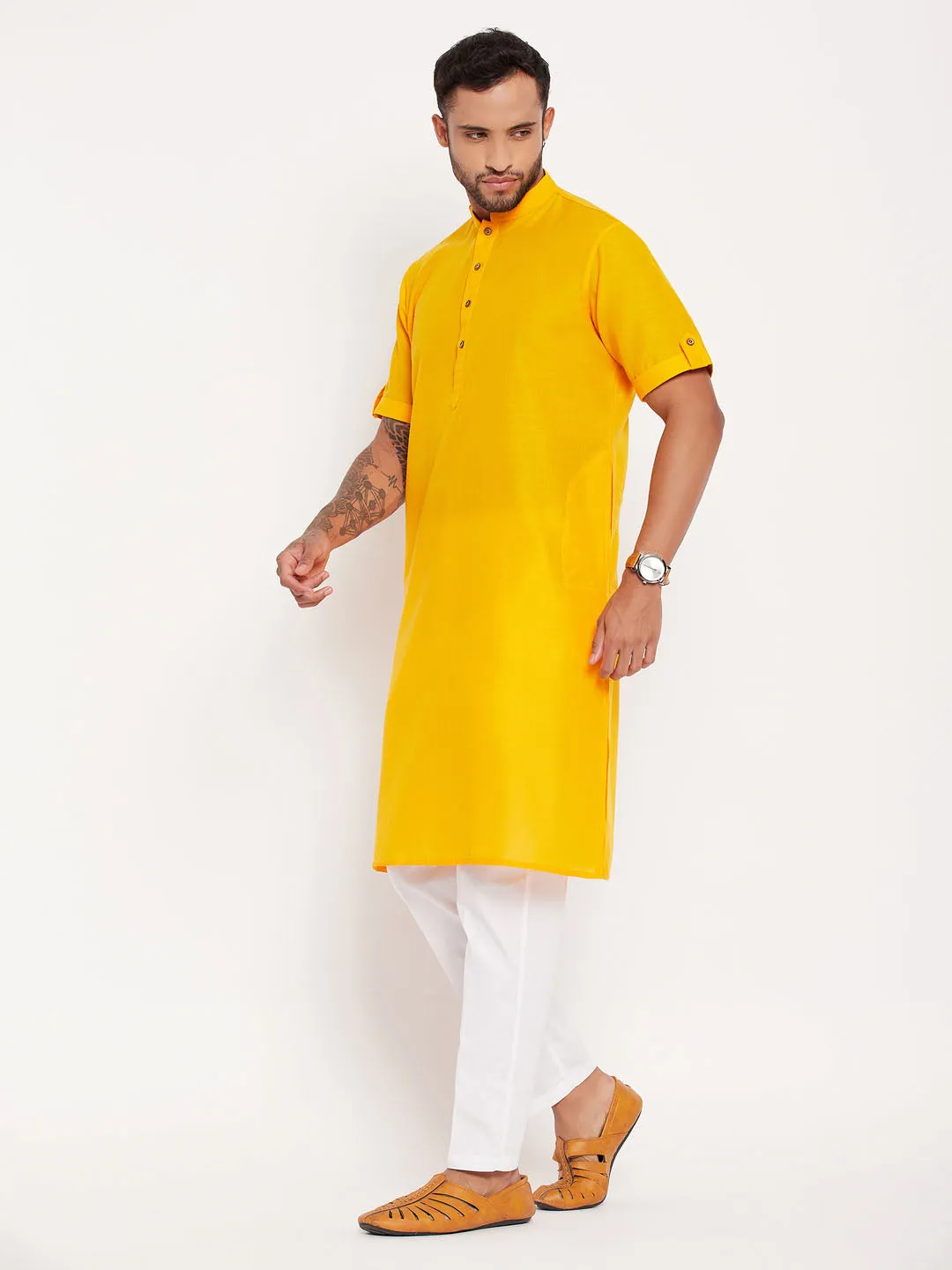 VM By VASTRAMAY Men's Mustard Solid Kurta with White Pant style Cotton Pyjama Set