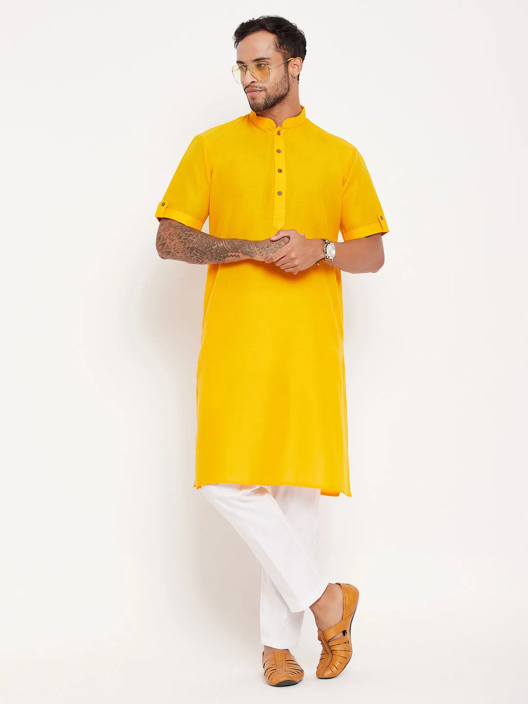 VM By VASTRAMAY Men's Mustard Solid Kurta with White Pant style Cotton Pyjama Set