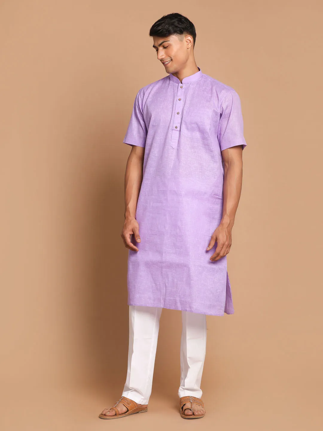 VM By VASTRAMAY Men's Purple Solid Kurta with White Pant style Cotton Pyjama Set