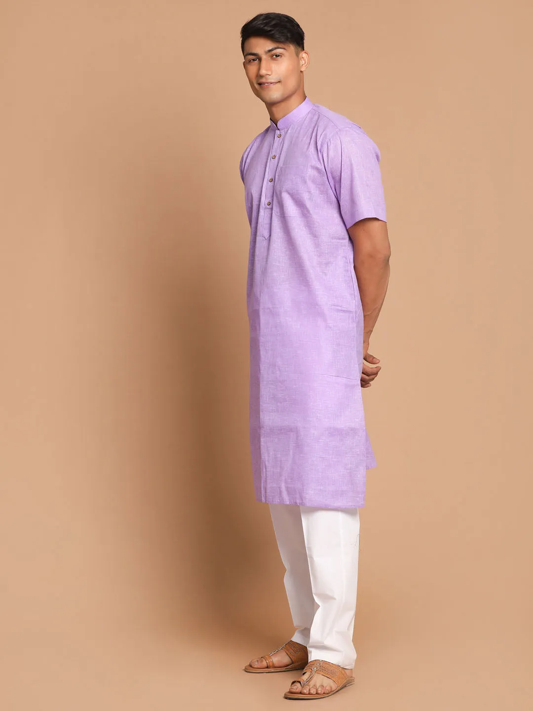 VM By VASTRAMAY Men's Purple Solid Kurta with White Pant style Cotton Pyjama Set