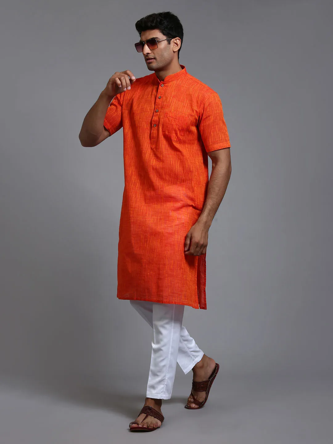 VM BY VASTRAMAY Men's Solid Orange Pure Cotton Kurta Pant Set