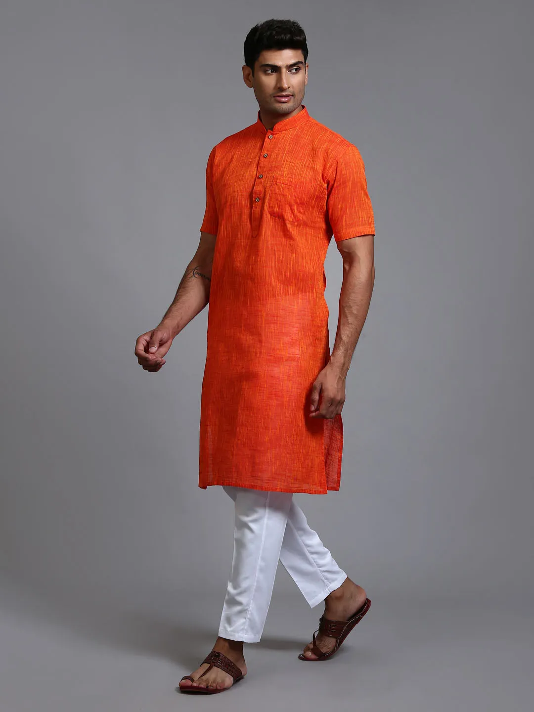 VM BY VASTRAMAY Men's Solid Orange Pure Cotton Kurta Pant Set