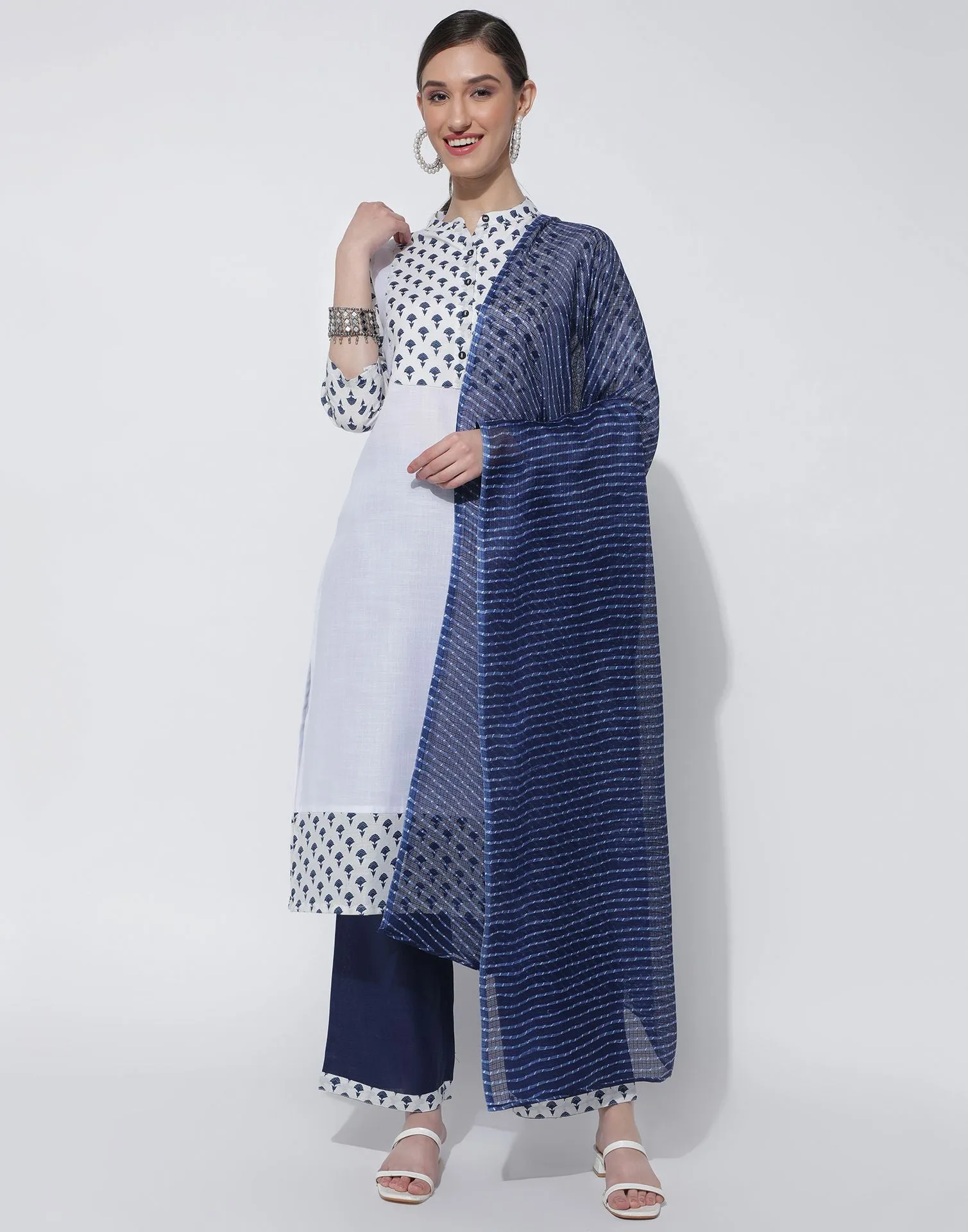 White Cotton Printed Straight Kurti With Pant And Dupatta