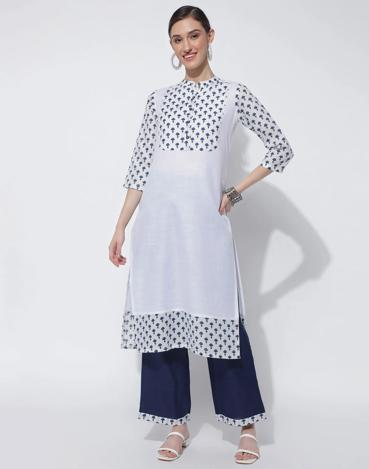 White Cotton Printed Straight Kurti With Pant And Dupatta