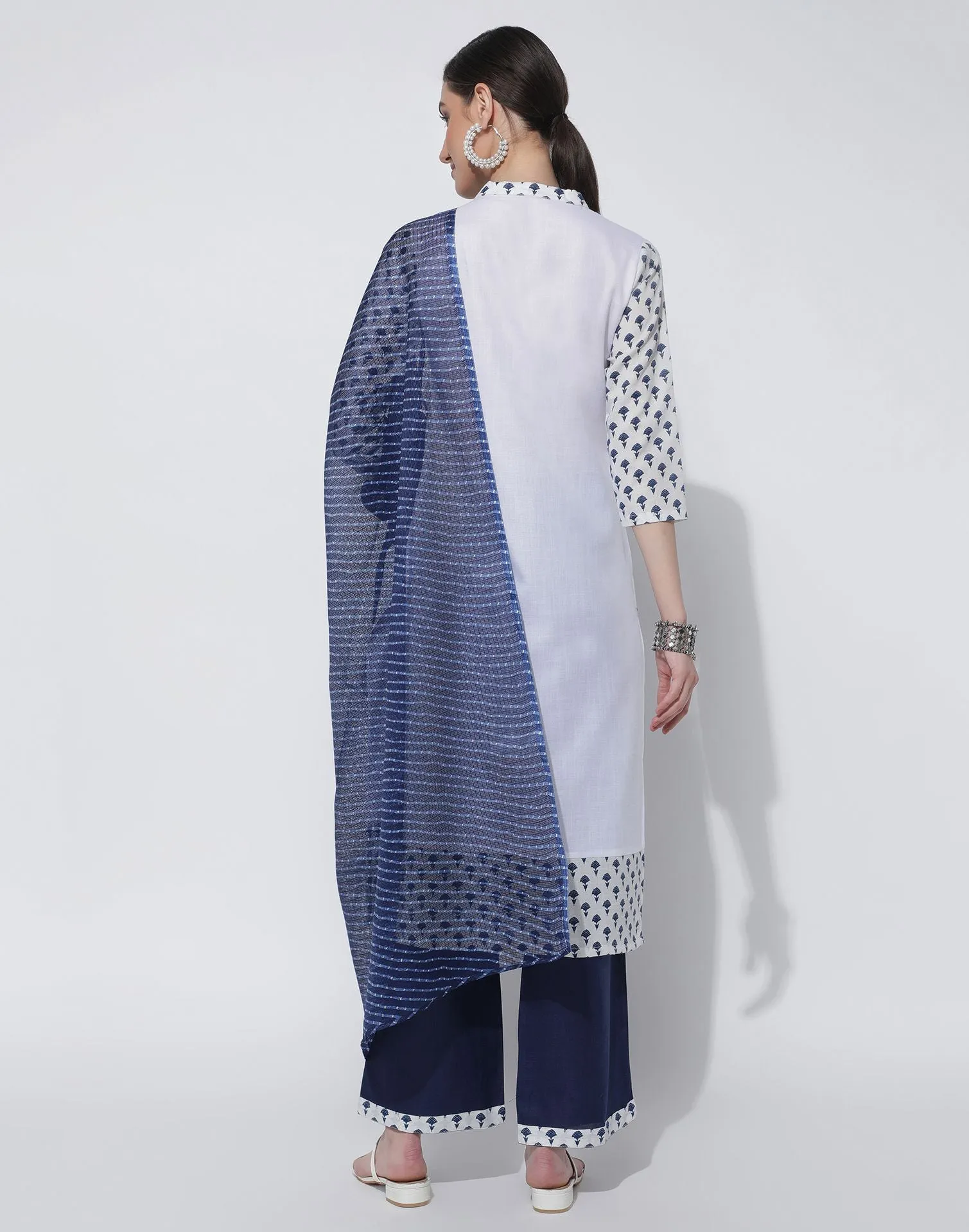 White Cotton Printed Straight Kurti With Pant And Dupatta