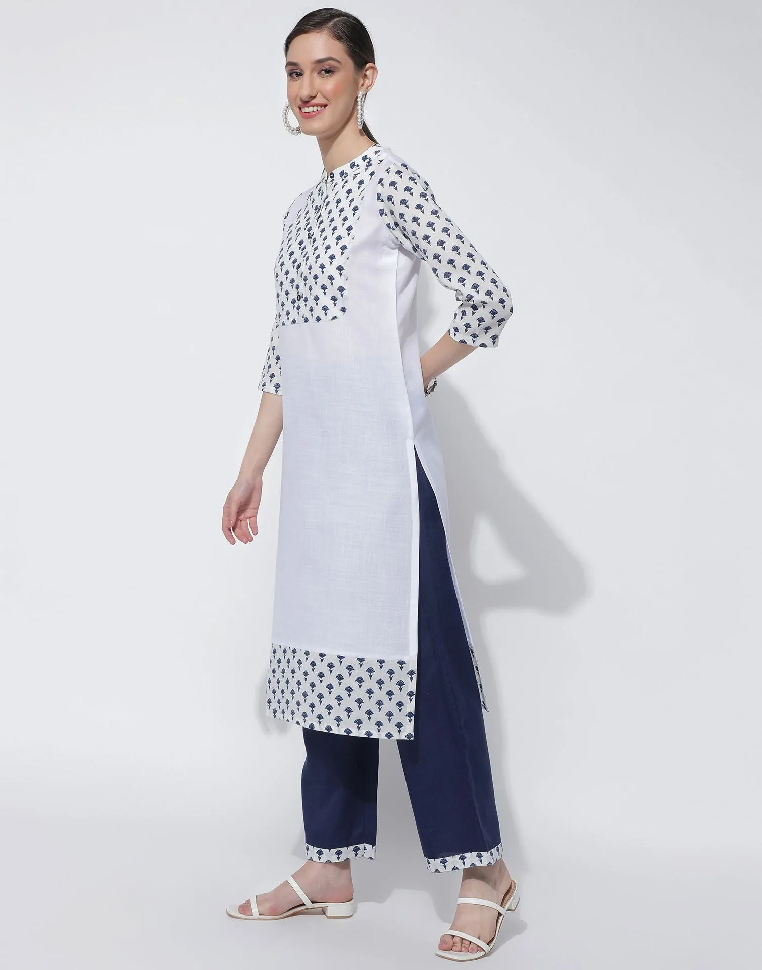 White Cotton Printed Straight Kurti With Pant And Dupatta