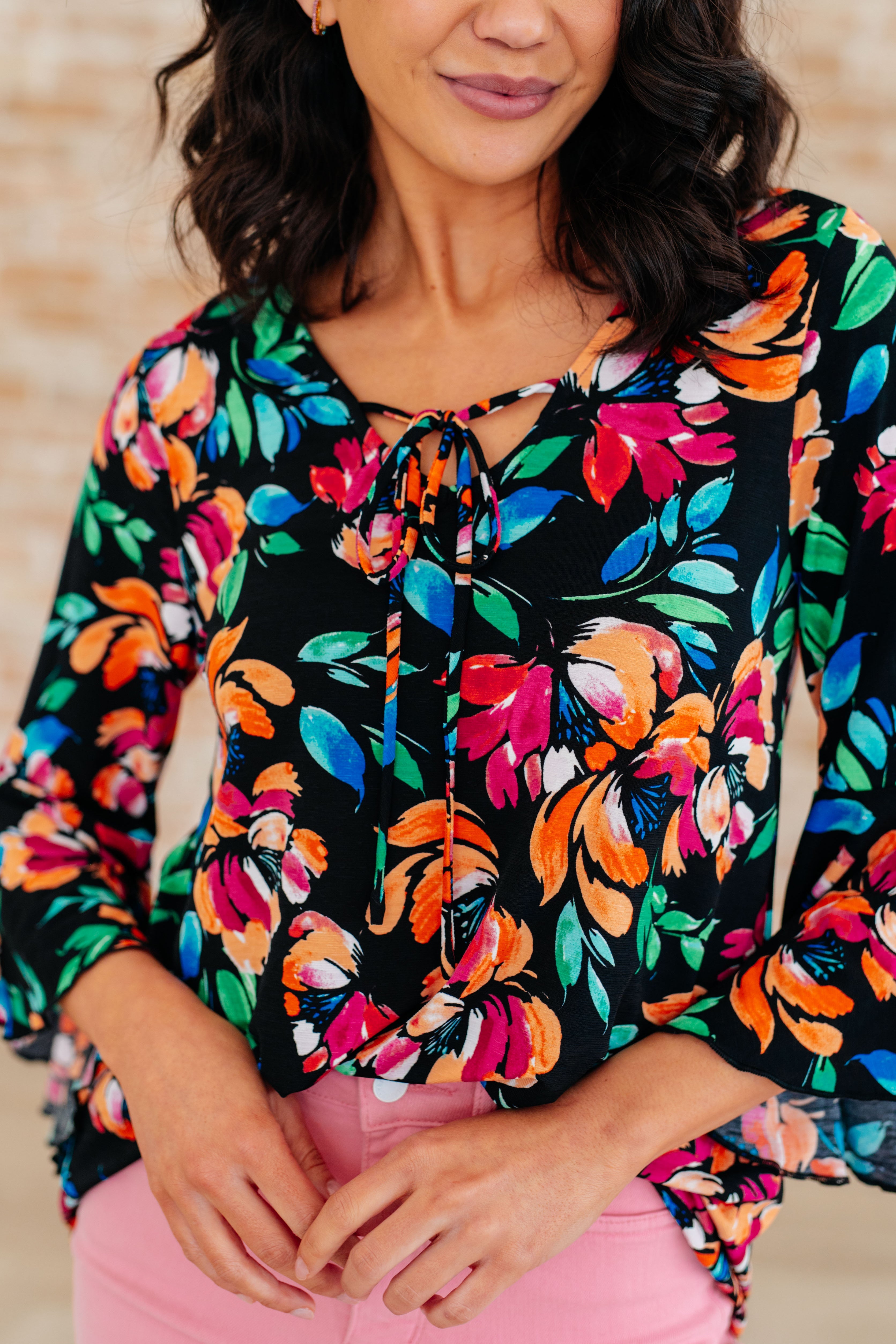 Willow Bell Sleeve Top in Black and Emerald Floral