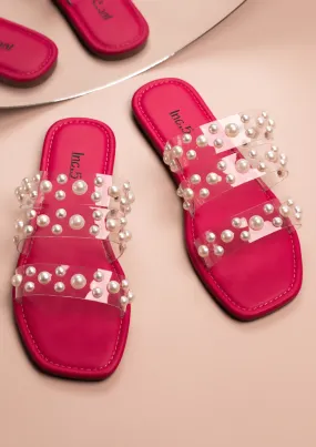 Women Pink Western Embellished Open Toe Flats with Pearl Studded