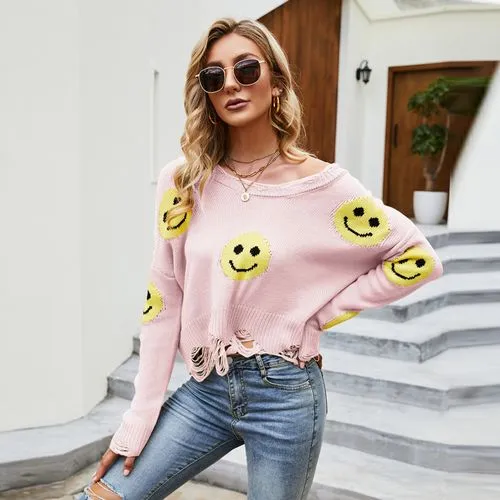 Women's Sweater Long Sleeve Sweaters & Cardigans Braid Fashion Smile Face