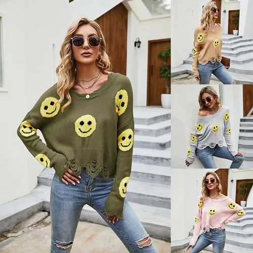 Women's Sweater Long Sleeve Sweaters & Cardigans Braid Fashion Smile Face