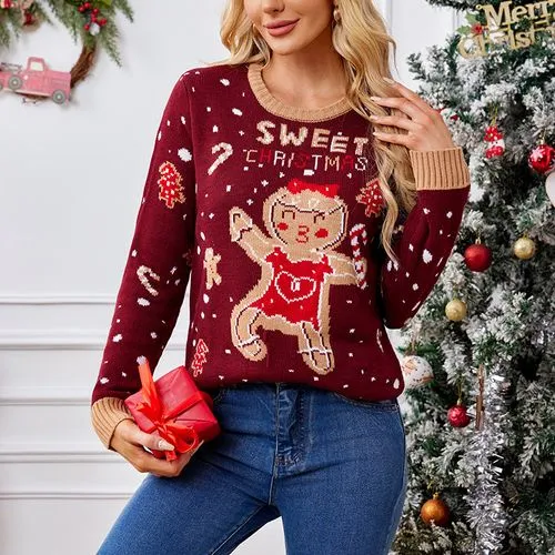 Women's Sweater Long Sleeve Sweaters & Cardigans Jacquard Streetwear Gingerbread