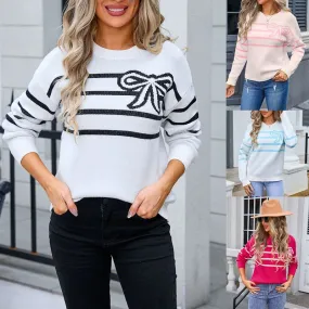 Women's Sweater Long Sleeve Sweaters & Cardigans Jacquard Streetwear Stripe Bow Knot