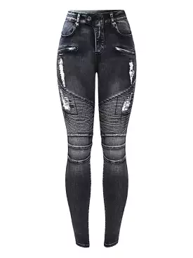 Women`s Jeans Motorcycle Biker Zip Mid High Waist Stretch Denim Skinny Pants