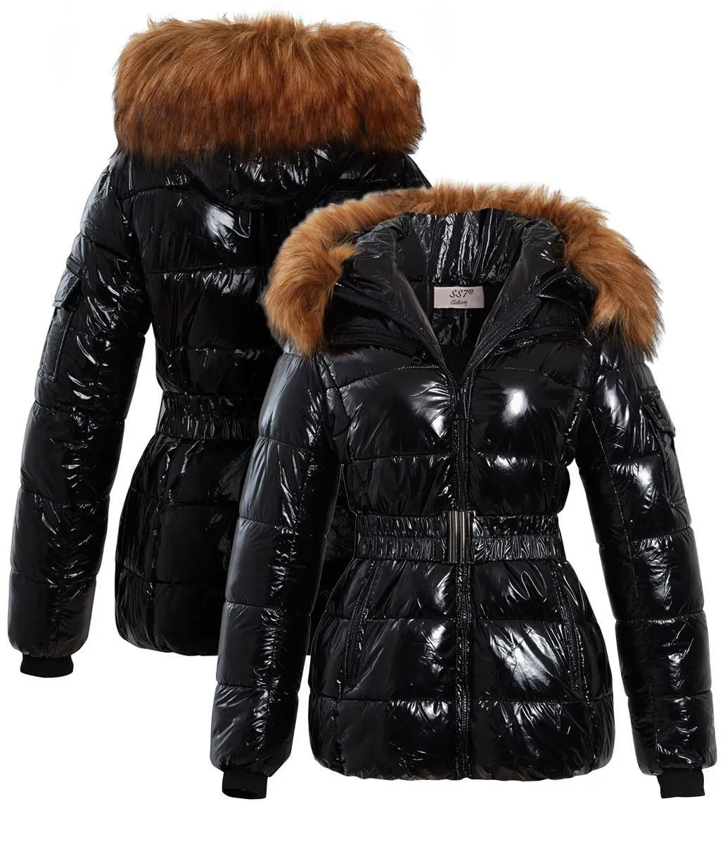 Womens Wet Look Puffer Coat with Faux Fur, Sizes 8 to 16