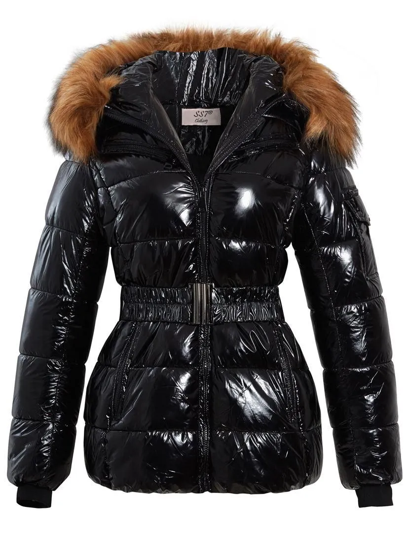 Womens Wet Look Puffer Coat with Faux Fur, Sizes 8 to 16