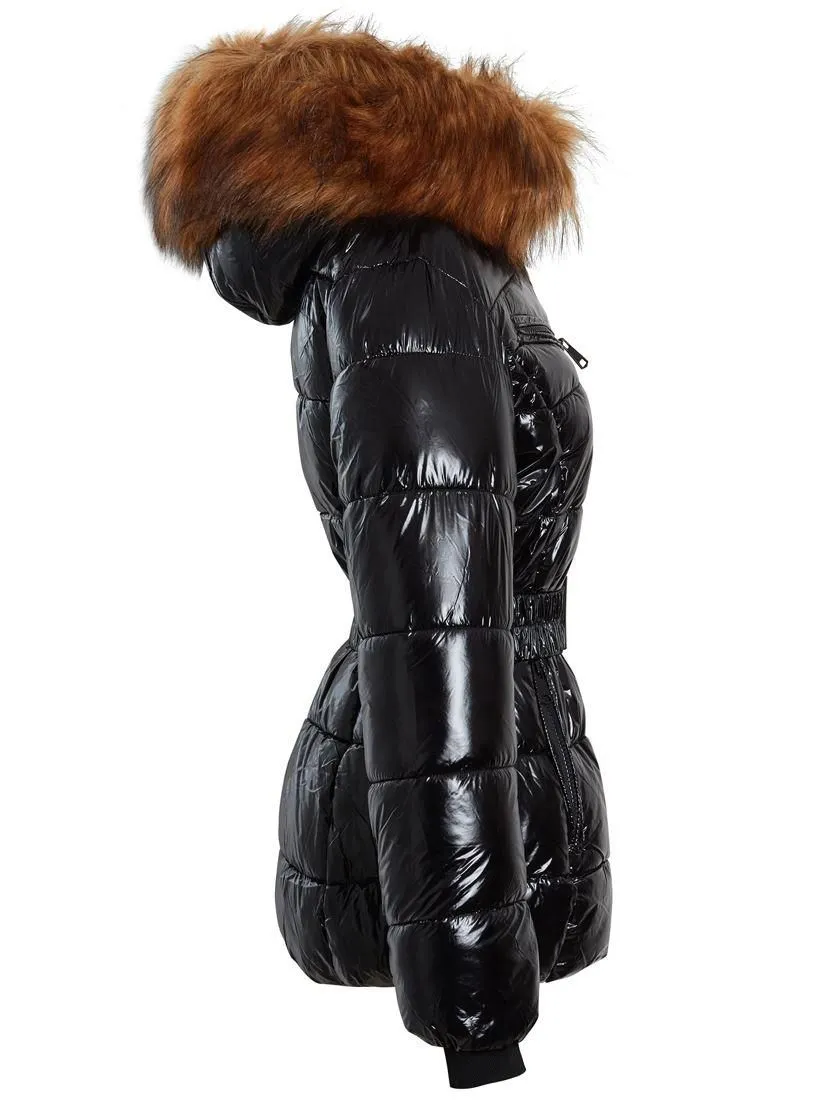 Womens Wet Look Puffer Coat with Faux Fur, Sizes 8 to 16