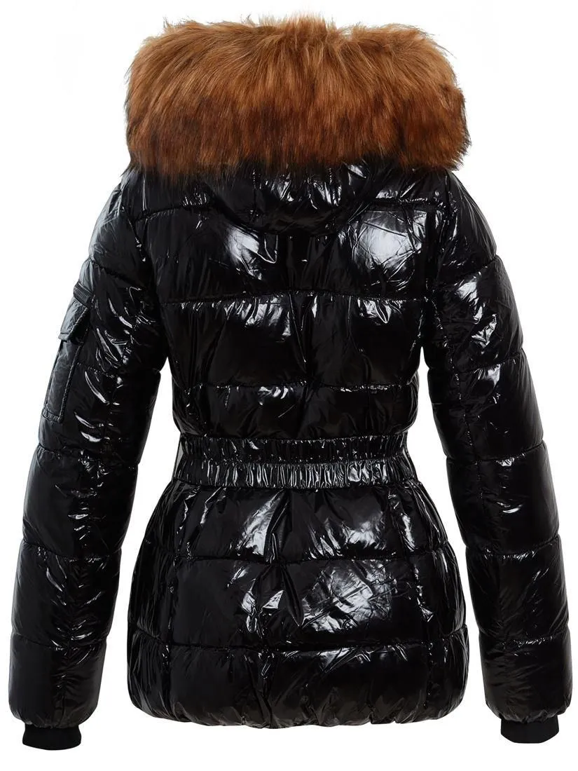 Womens Wet Look Puffer Coat with Faux Fur, Sizes 8 to 16