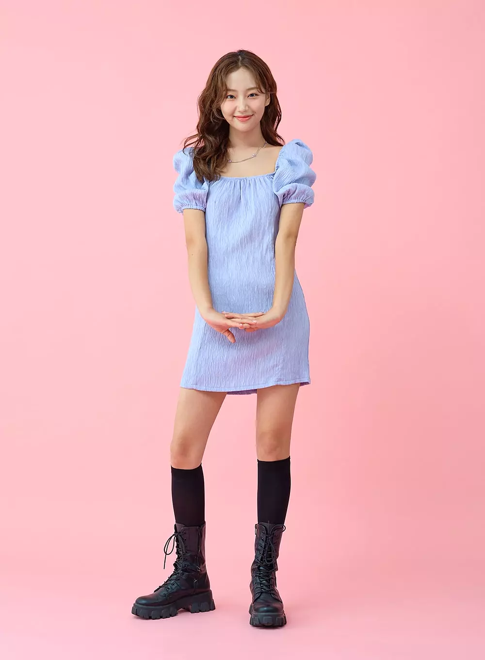 Wrinkle Puff Off Shoulder Mini Dress BU1507