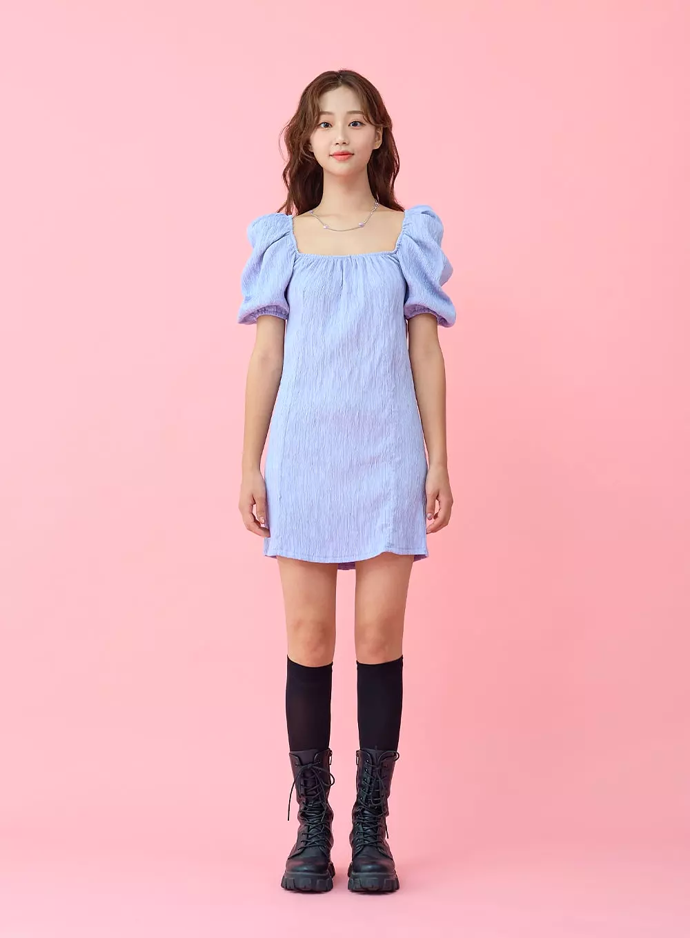 Wrinkle Puff Off Shoulder Mini Dress BU1507