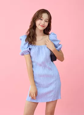 Wrinkle Puff Off Shoulder Mini Dress BU1507