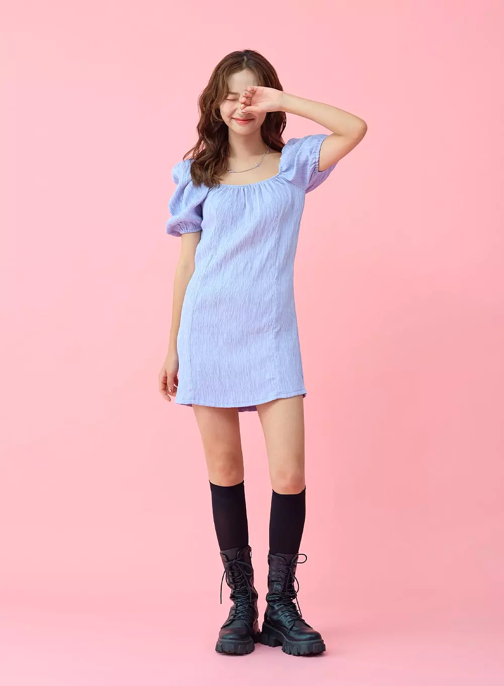 Wrinkle Puff Off Shoulder Mini Dress BU1507